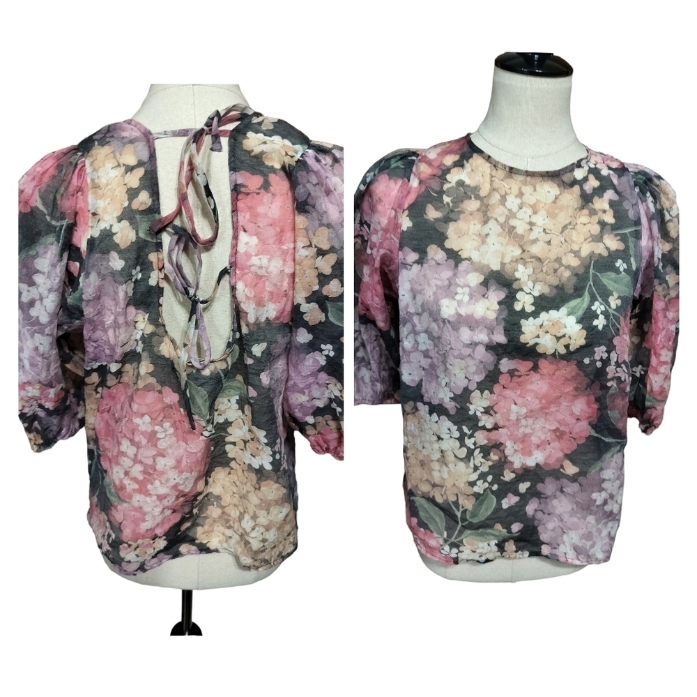 2145)H&M Pink Gray Floral Print Short Puff Sleeve Semi Sheer Boho Size Medium